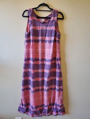 Hilo Hattie Sleeveless Pink & Purple Striped Hawaiian Dress Beach Vacation